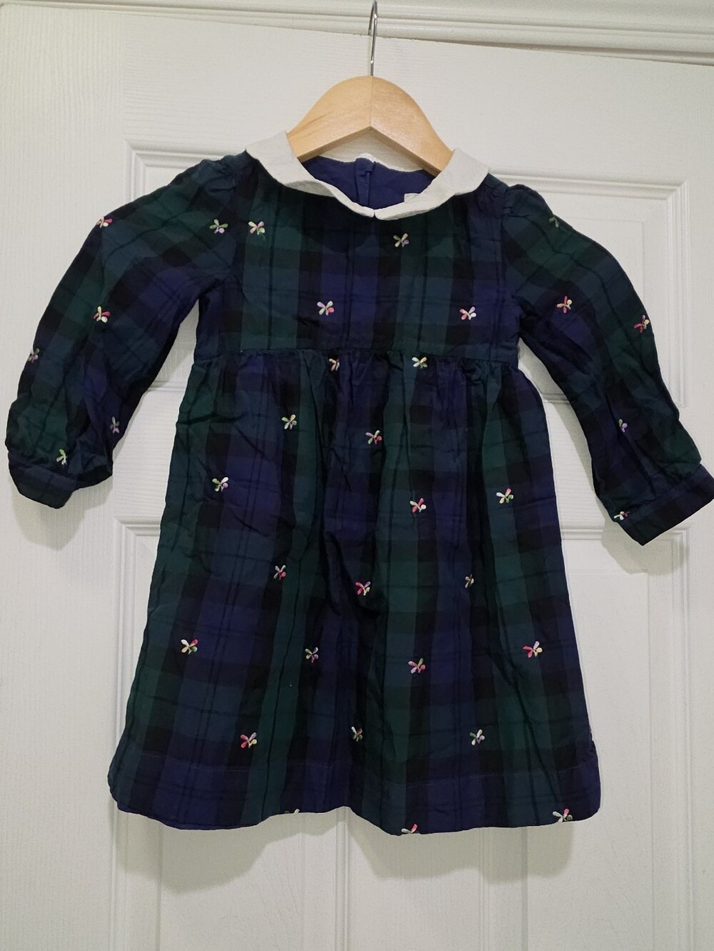 GAP Girls' Green & Navy Plaid Long-Sleeve Dress with White Collar, 4T